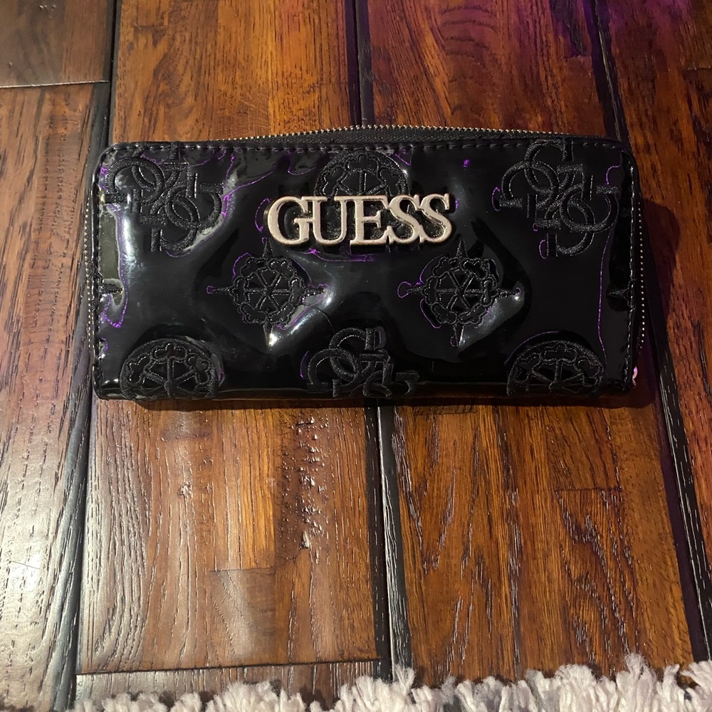 Guess Black Glossy Wallet with Logo Design